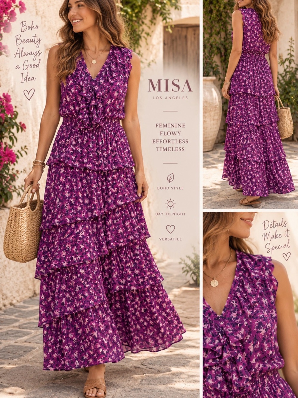 MISA Los Angeles Women’s Purple Floral Tiered Maxi Dress Sz L P2P 19’ waist 17’